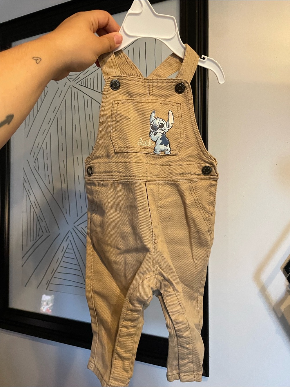 4/$50 baby Tan Overalls with Stitch Patch